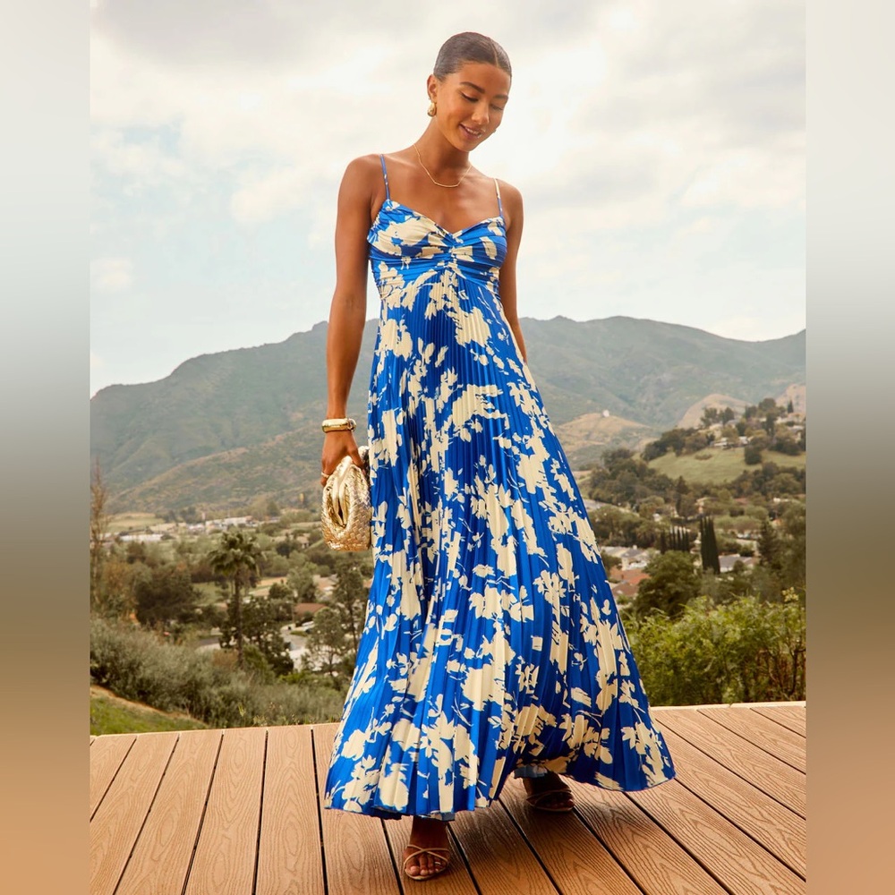 Vici Blue and Cream Floral Pleated Maxi Dress